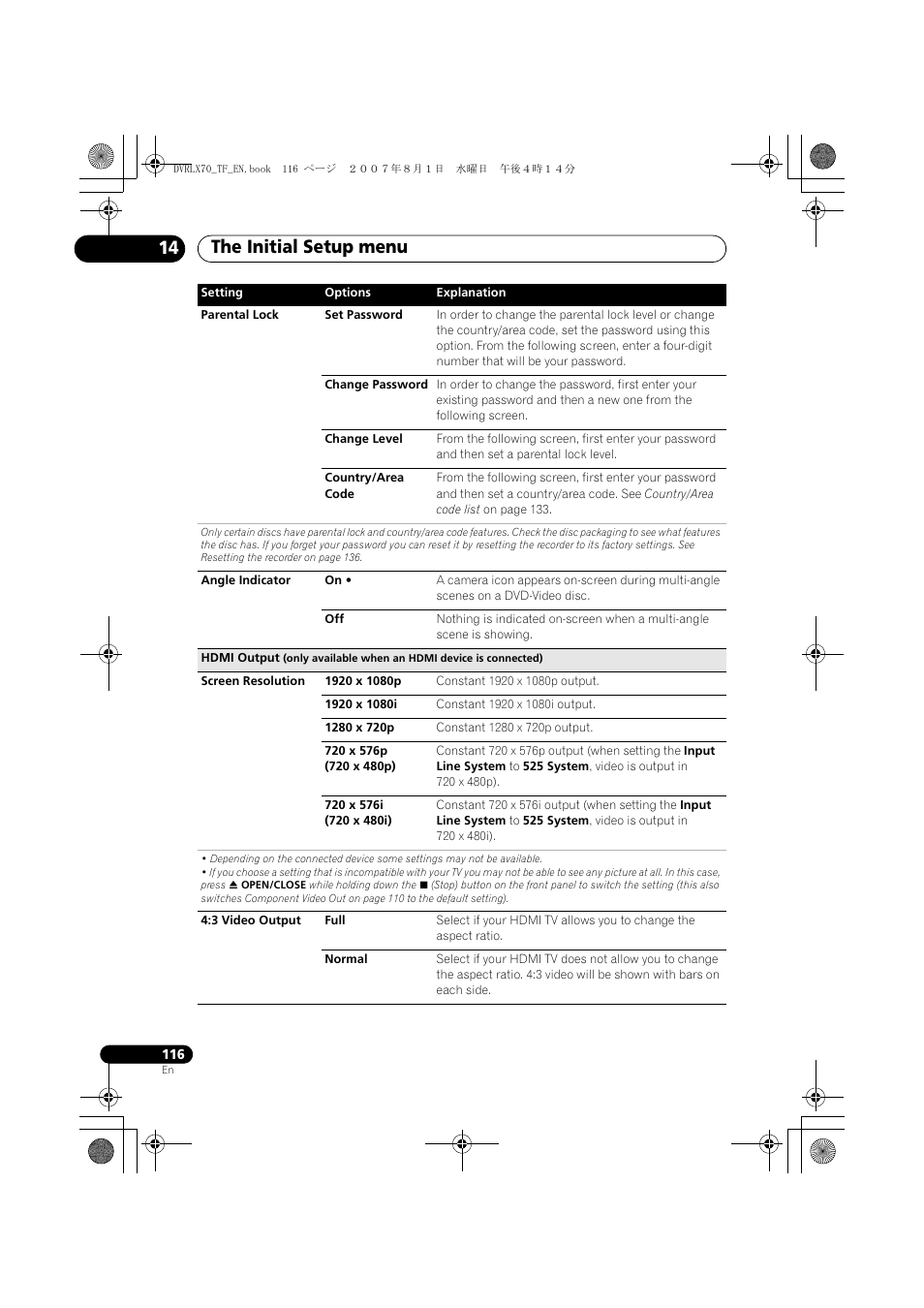 The initial setup menu 14 | Pioneer DVR-LX70 User Manual | Page 116 / 139