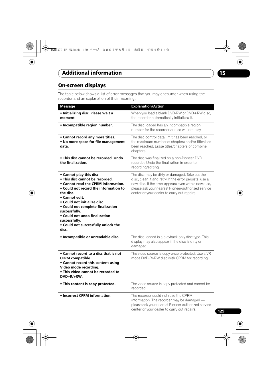 On-screen displays, Additional information, 15 on-screen displays | Pioneer DVR-LX70 User Manual | Page 129 / 139