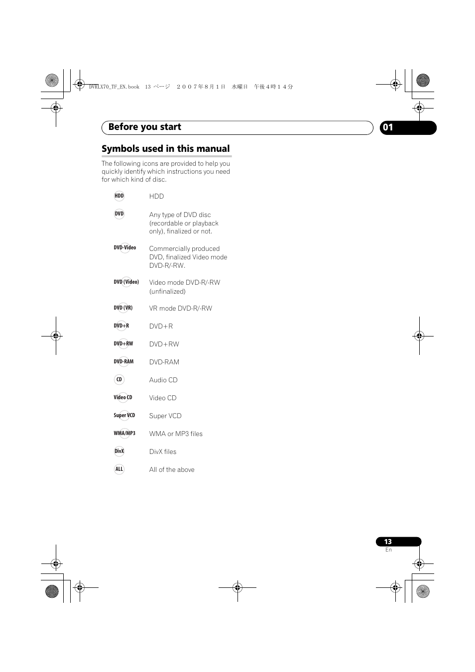 Symbols used in this manual, Before you start, 01 symbols used in this manual | Pioneer DVR-LX70 User Manual | Page 13 / 139