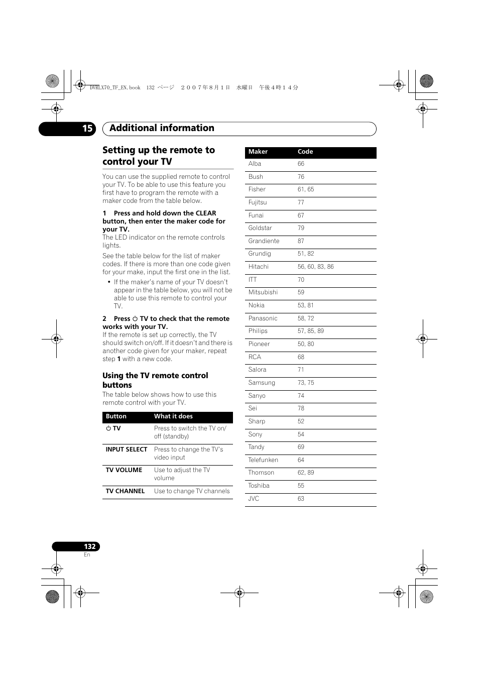 Setting up the remote to control your tv, Additional information 15 | Pioneer DVR-LX70 User Manual | Page 132 / 139
