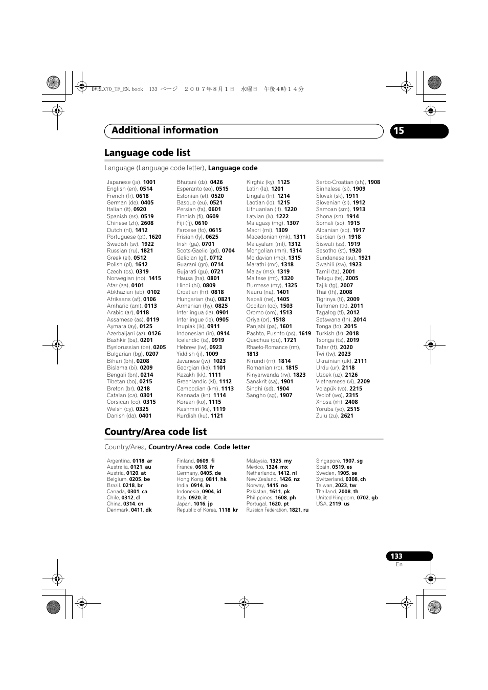 Language code list, Country/area code list, Additional information | 15 language code list | Pioneer DVR-LX70 User Manual | Page 133 / 139