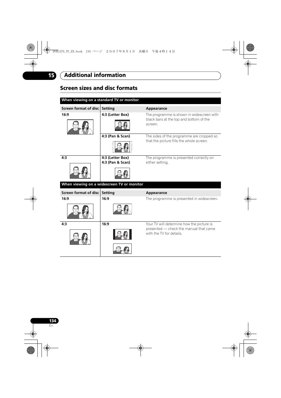 Screen sizes and disc formats, Additional information 15 | Pioneer DVR-LX70 User Manual | Page 134 / 139