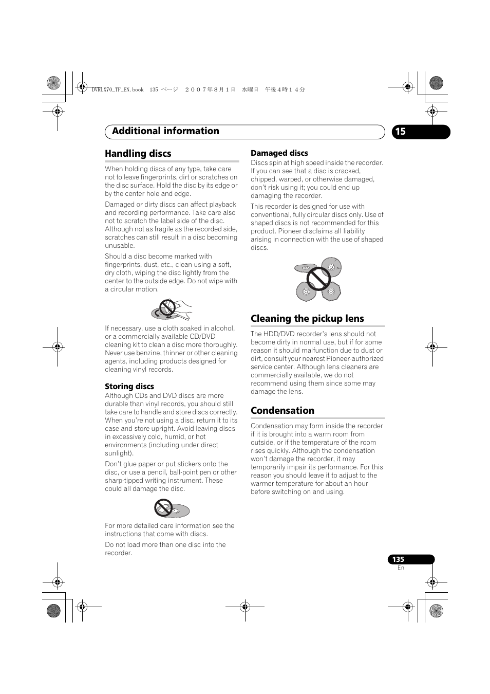 Handling discs, Cleaning the pickup lens, Condensation | Additional information, 15 handling discs | Pioneer DVR-LX70 User Manual | Page 135 / 139
