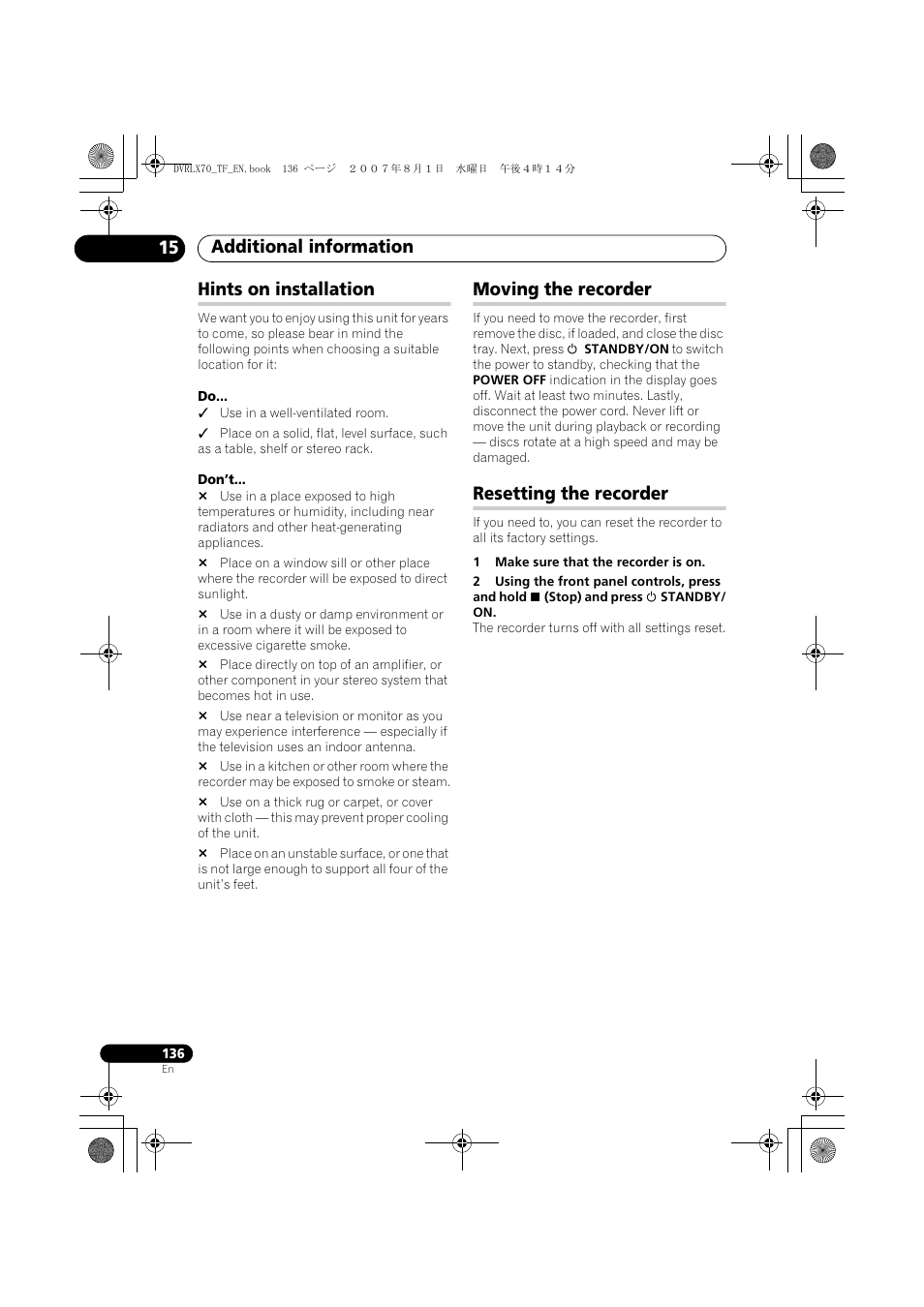 Hints on installation, Moving the recorder, Resetting the recorder | Additional information 15 | Pioneer DVR-LX70 User Manual | Page 136 / 139