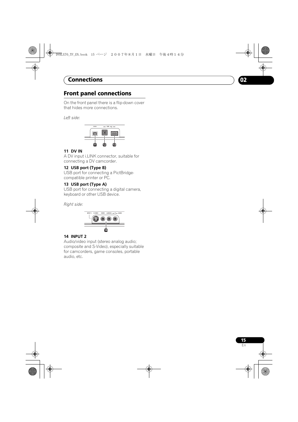 Front panel connections, Connections, 02 front panel connections | Pioneer DVR-LX70 User Manual | Page 15 / 139