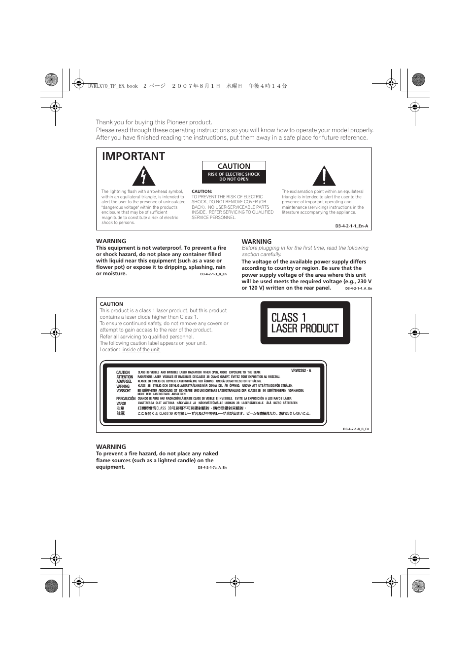 Important, Caution | Pioneer DVR-LX70 User Manual | Page 2 / 139