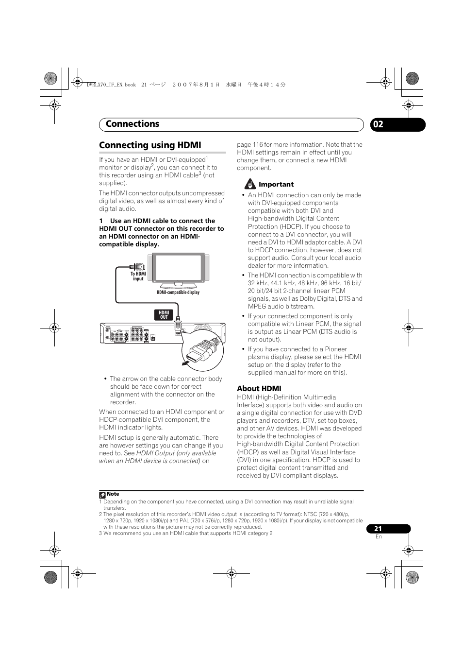 Connecting using hdmi, Connections, 02 connecting using hdmi | About hdmi, Coaxial, If you have an hdmi or dvi-equipped, Monitor or display | Pioneer DVR-LX70 User Manual | Page 21 / 139
