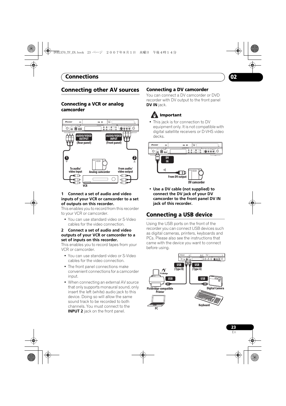 Connecting other av sources, Connecting a usb device, Connections | 02 connecting other av sources | Pioneer DVR-LX70 User Manual | Page 23 / 139