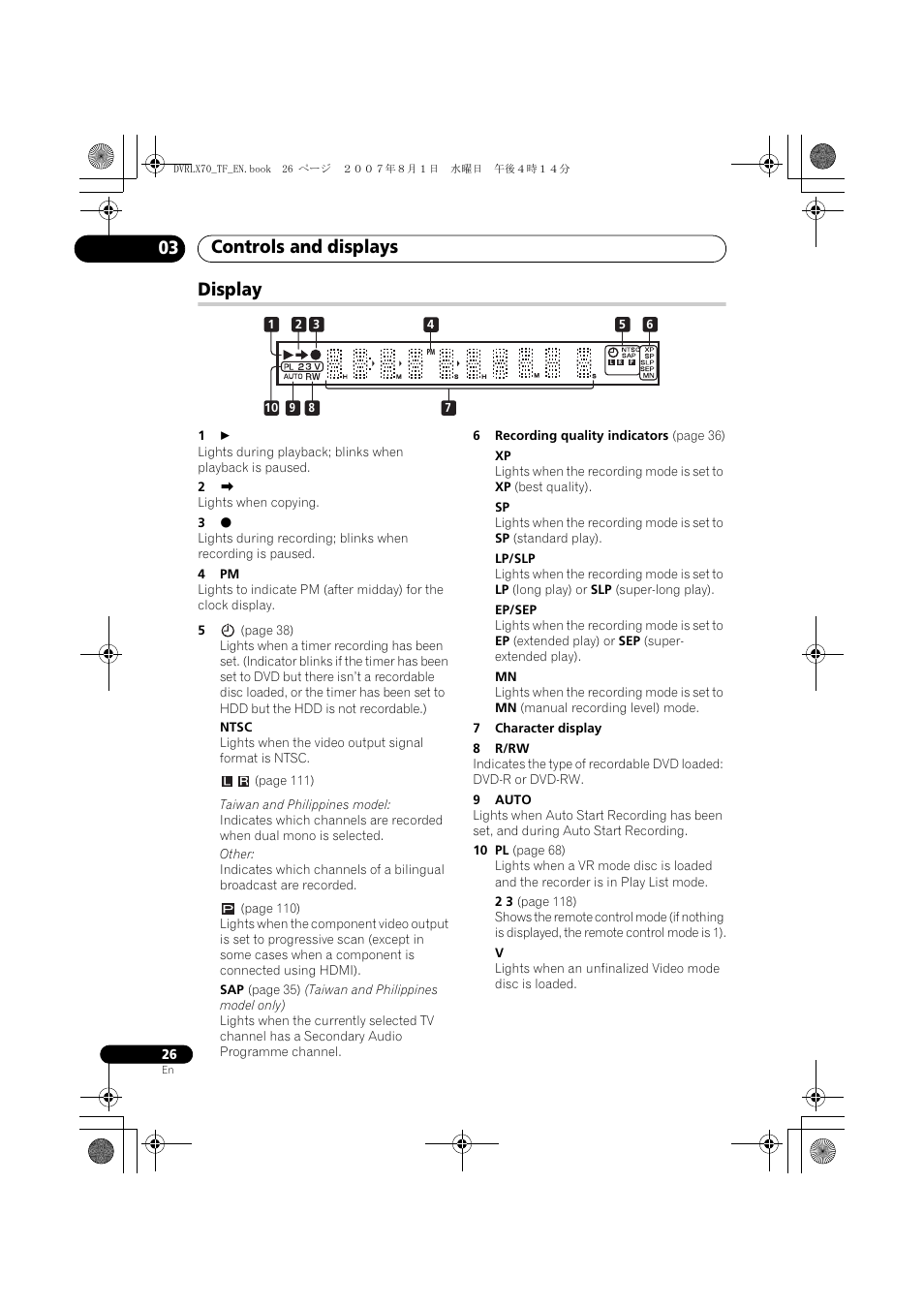 Display, Controls and displays 03 | Pioneer DVR-LX70 User Manual | Page 26 / 139