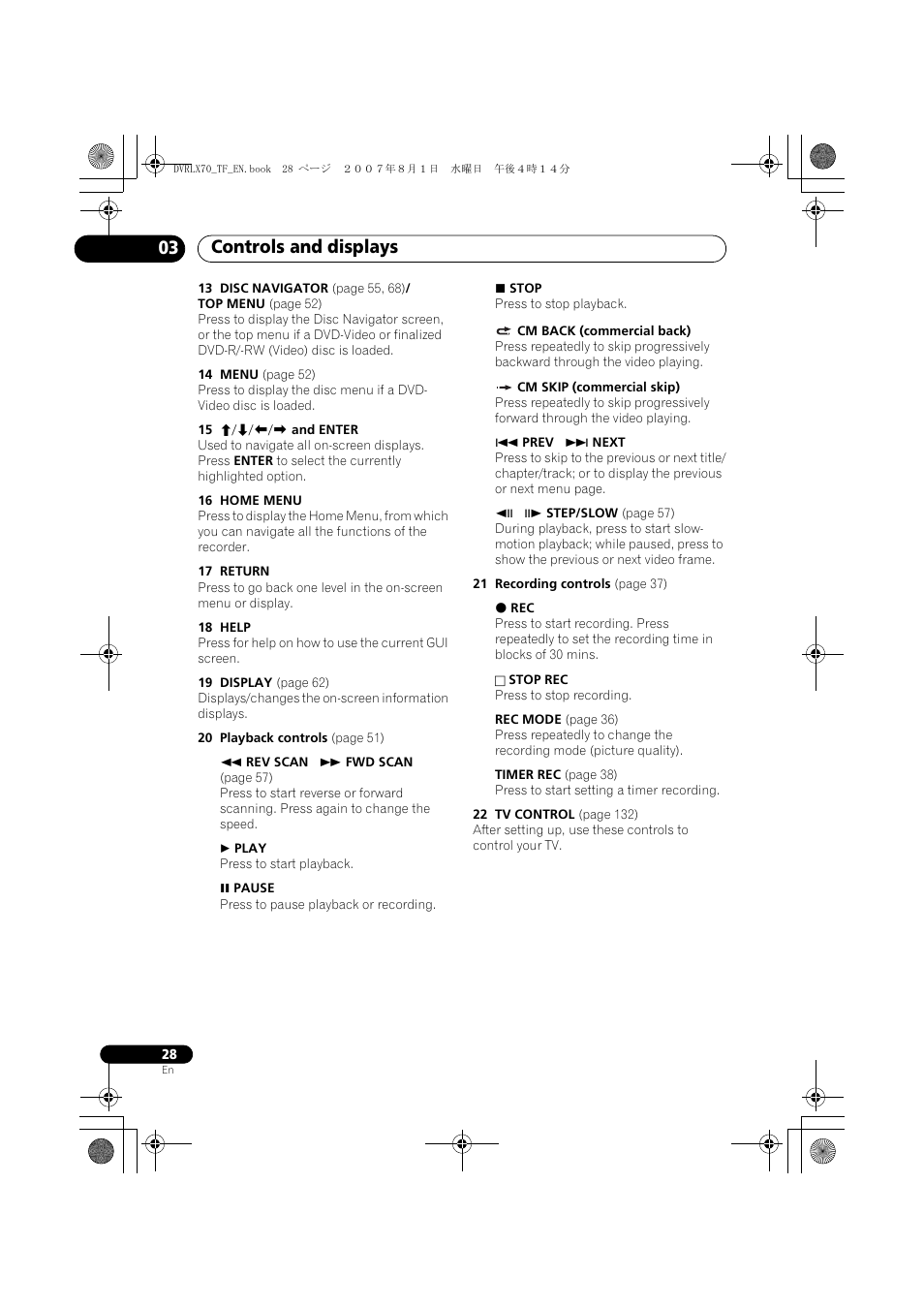 Controls and displays 03 | Pioneer DVR-LX70 User Manual | Page 28 / 139