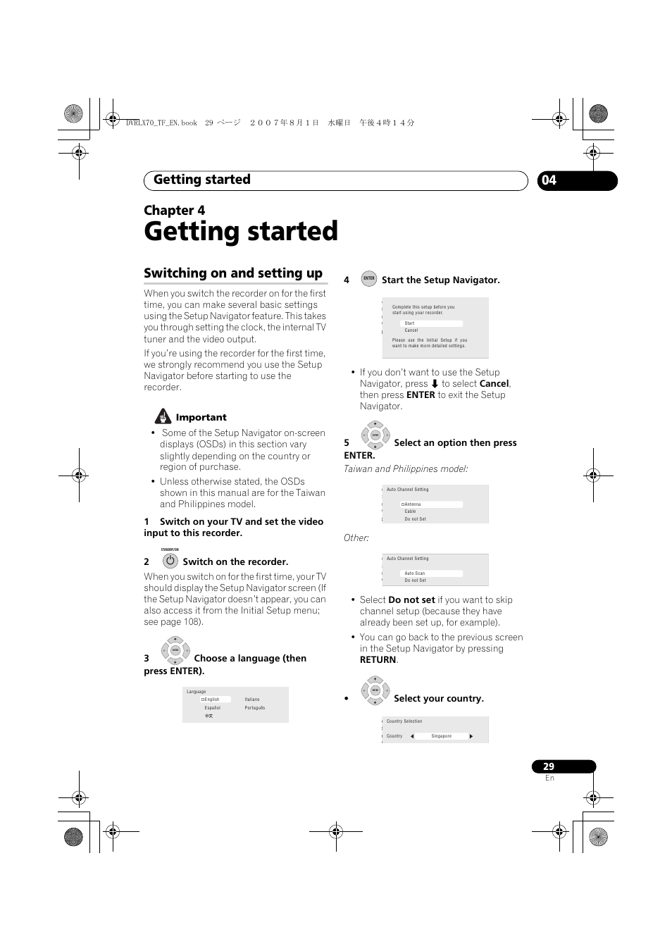 04 getting started, Switching on and setting up, Getting started | 04 chapter 4 | Pioneer DVR-LX70 User Manual | Page 29 / 139