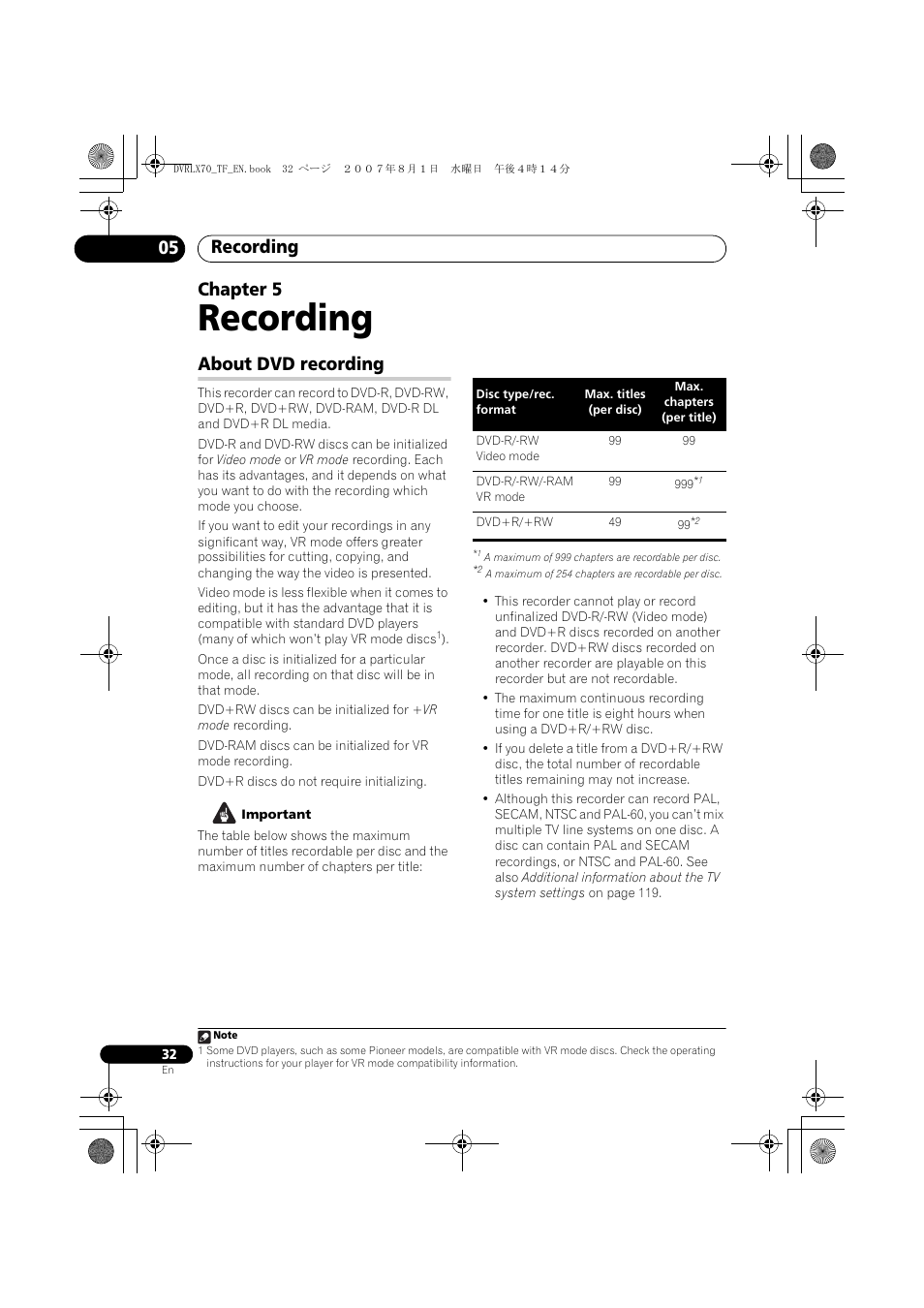 05 recording, About dvd recording, Recording | Recording 05, Chapter 5 | Pioneer DVR-LX70 User Manual | Page 32 / 139