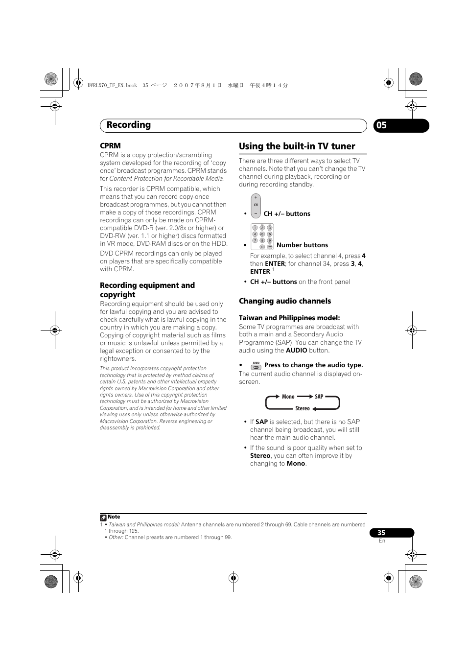 Using the built-in tv tuner, Recording, Cprm | Recording equipment and copyright, Changing audio channels | Pioneer DVR-LX70 User Manual | Page 35 / 139