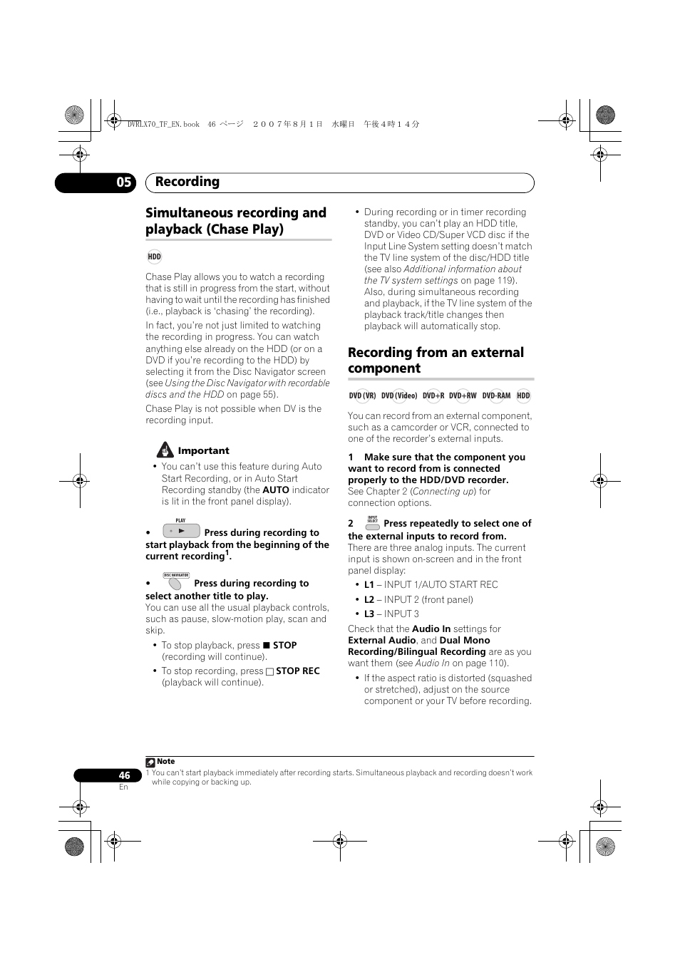 Simultaneous recording and playback (chase play), Recording from an external component, Recording 05 | Pioneer DVR-LX70 User Manual | Page 46 / 139