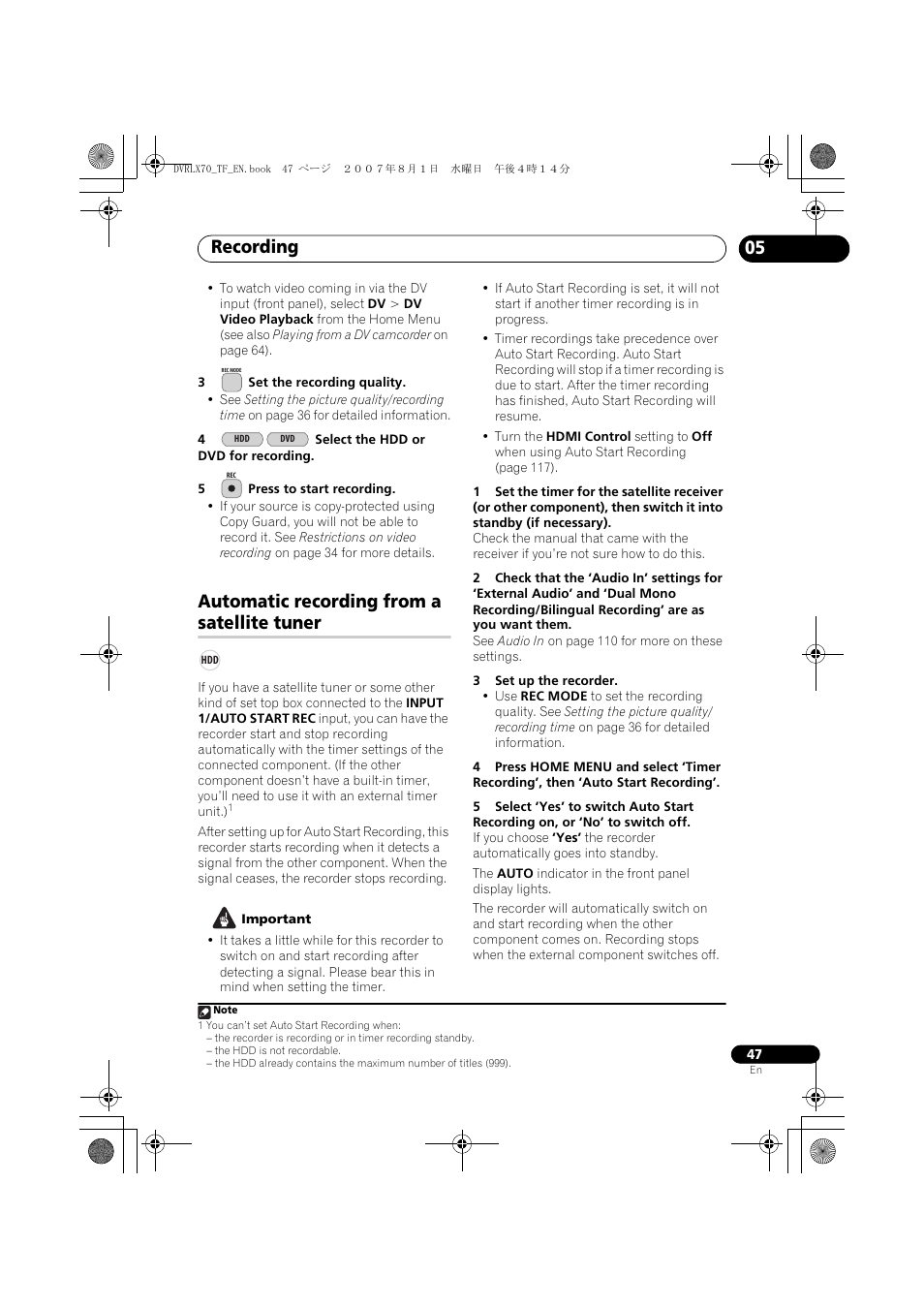 Automatic recording from a satellite tuner, Recording | Pioneer DVR-LX70 User Manual | Page 47 / 139