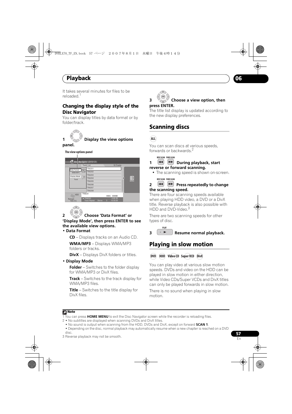 Scanning discs, Playing in slow motion, Playback | Changing the display style of the disc navigator | Pioneer DVR-LX70 User Manual | Page 57 / 139