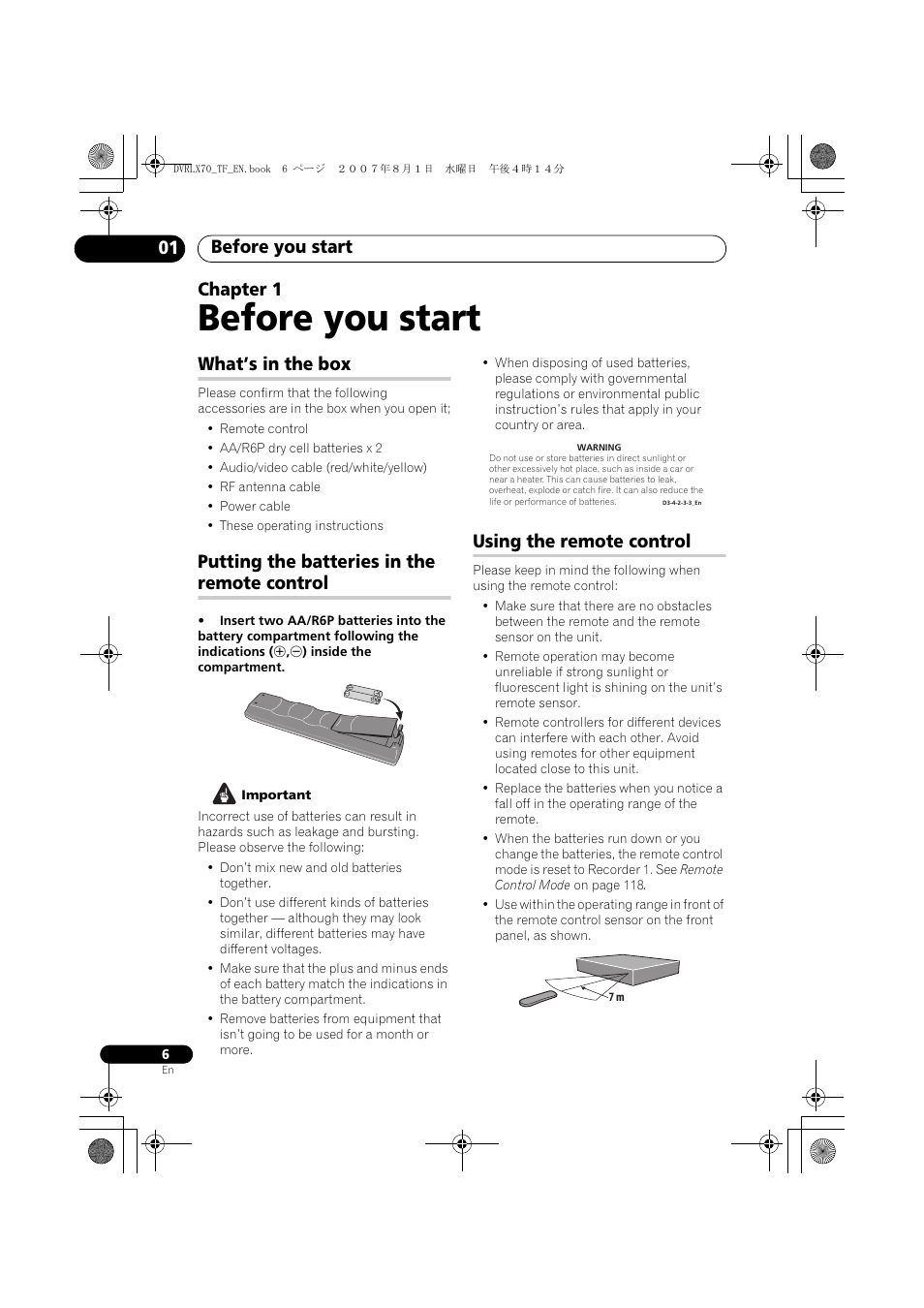 01 before you start, What’s in the box, Putting the batteries in the remote control | Using the remote control, Before you start, Before you start 01, Chapter 1 | Pioneer DVR-LX70 User Manual | Page 6 / 139