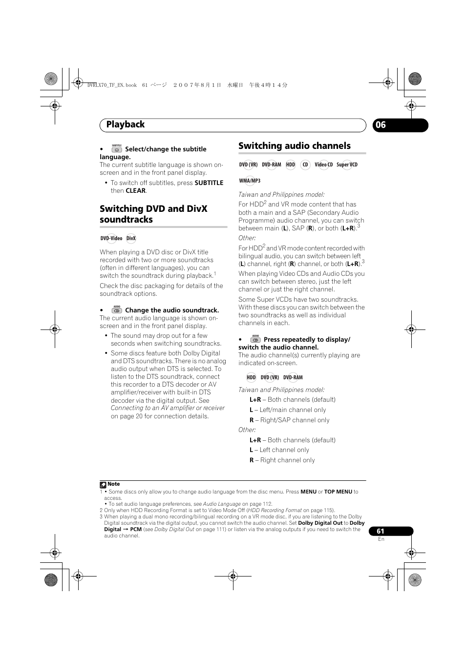 Switching dvd and divx soundtracks, Switching audio channels, Playback | Pioneer DVR-LX70 User Manual | Page 61 / 139