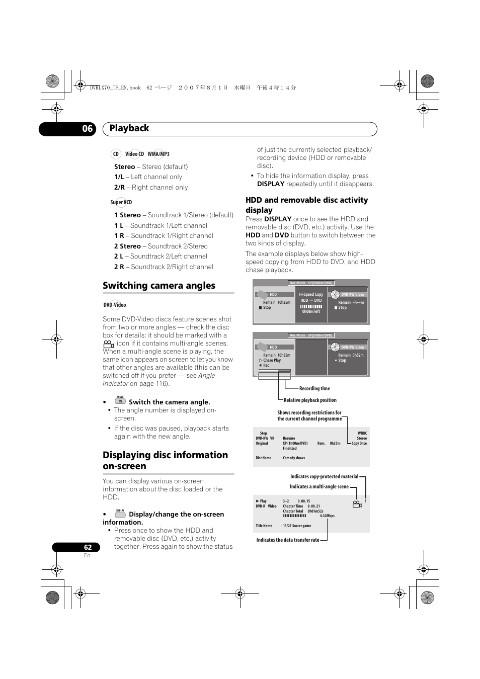 Switching camera angles, Displaying disc information on-screen, Playback 06 | Hdd and removable disc activity display | Pioneer DVR-LX70 User Manual | Page 62 / 139