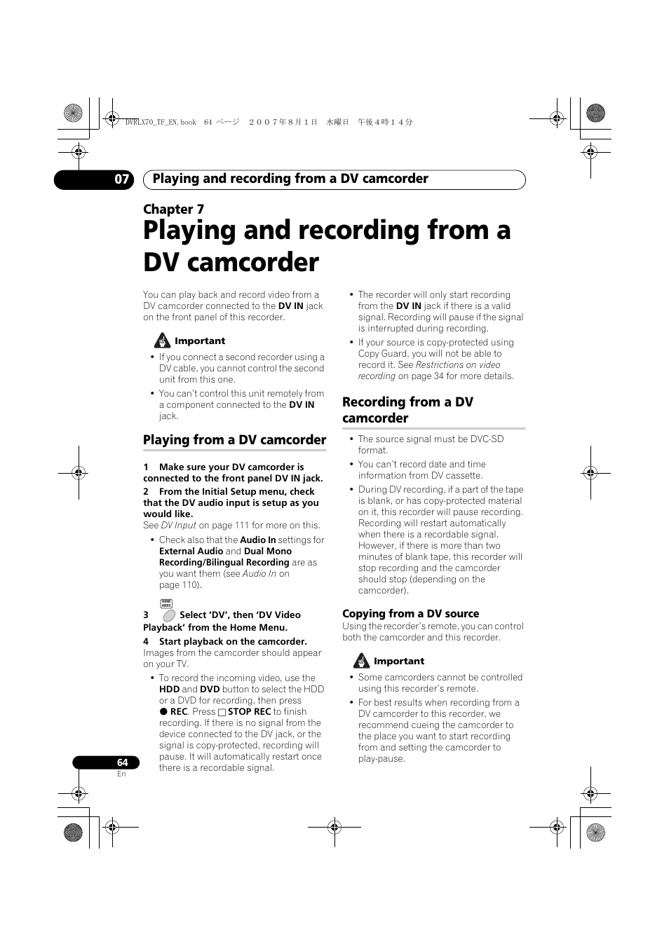07 playing and recording from a dv camcorder, Playing from a dv camcorder, Recording from a dv camcorder | Playing and recording from a dv camcorder, Playing and recording from a dv camcorder 07, Chapter 7 | Pioneer DVR-LX70 User Manual | Page 64 / 139