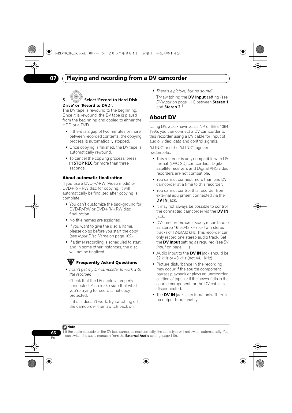 About dv, Playing and recording from a dv camcorder 07 | Pioneer DVR-LX70 User Manual | Page 66 / 139