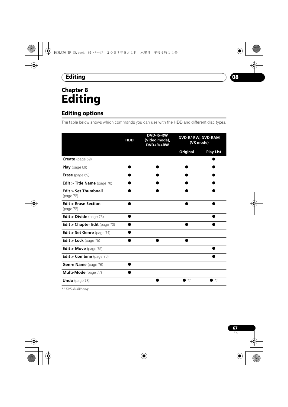 08 editing, Editing options, Editing | 08 chapter 8 | Pioneer DVR-LX70 User Manual | Page 67 / 139