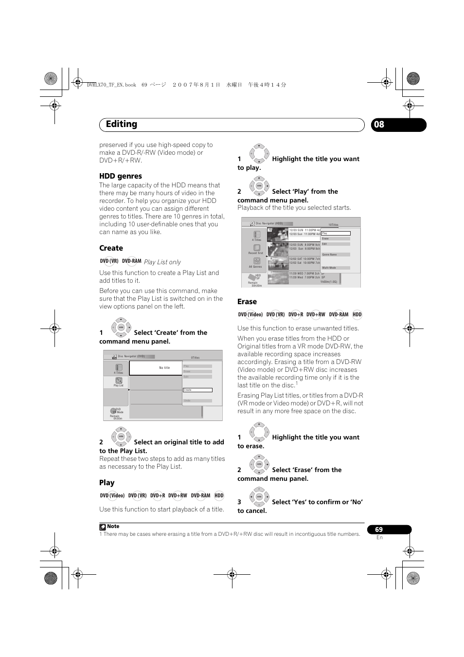 Editing, Hdd genres, Create | Play, Erase | Pioneer DVR-LX70 User Manual | Page 69 / 139