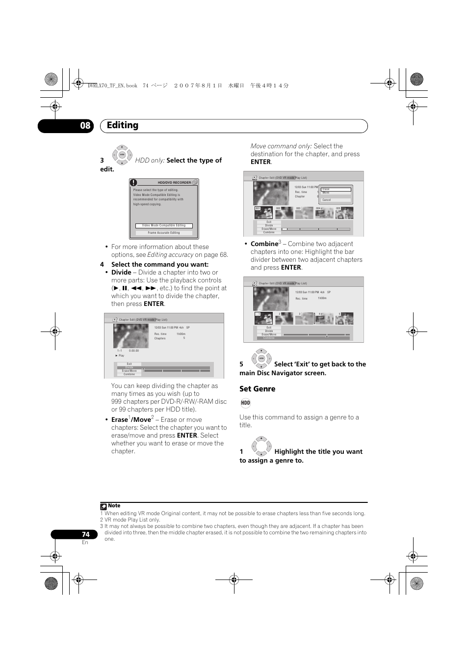 Editing 08, Set genre, Move | Pioneer DVR-LX70 User Manual | Page 74 / 139