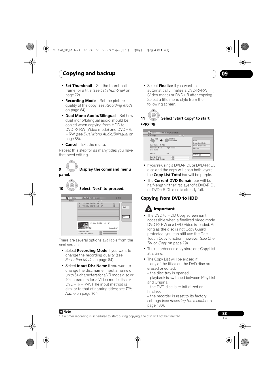 Copying and backup, Copying from dvd to hdd | Pioneer DVR-LX70 User Manual | Page 83 / 139