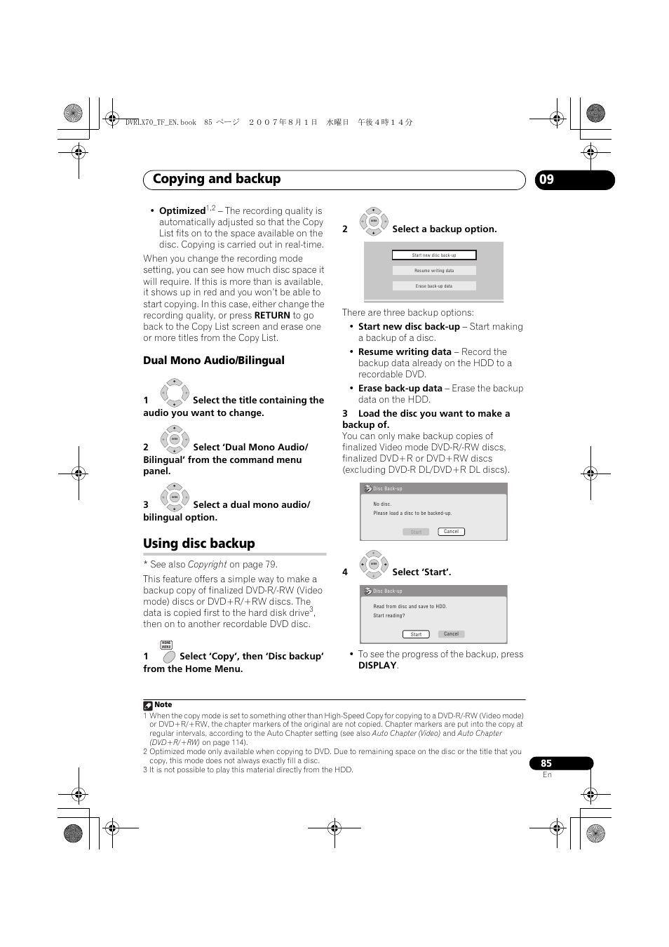 Using disc backup, Copying and backup, Dual mono audio/bilingual | Pioneer DVR-LX70 User Manual | Page 85 / 139