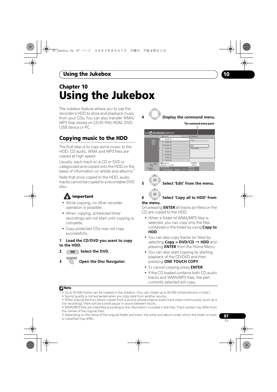 10 using the jukebox, Copying music to the hdd, Using the jukebox | 10 chapter 10 | Pioneer DVR-LX70 User Manual | Page 87 / 139