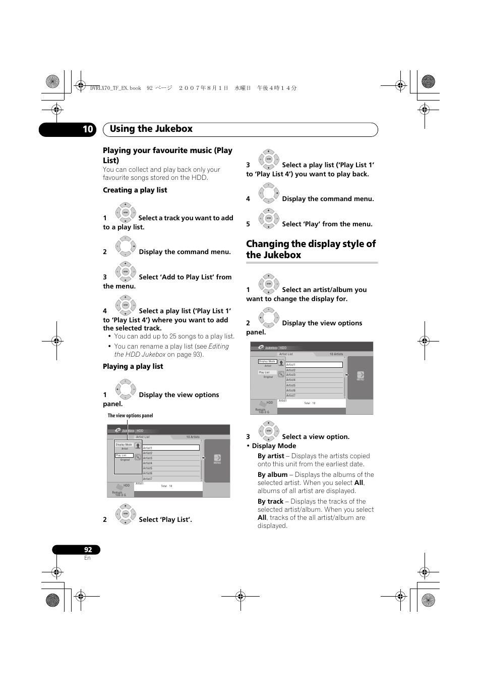 Changing the display style of the jukebox, Using the jukebox 10, Playing your favourite music (play list) | Creating a play list, Playing a play list | Pioneer DVR-LX70 User Manual | Page 92 / 139