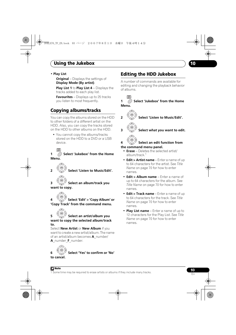 Copying albums/tracks, Editing the hdd jukebox, Using the jukebox | Pioneer DVR-LX70 User Manual | Page 93 / 139