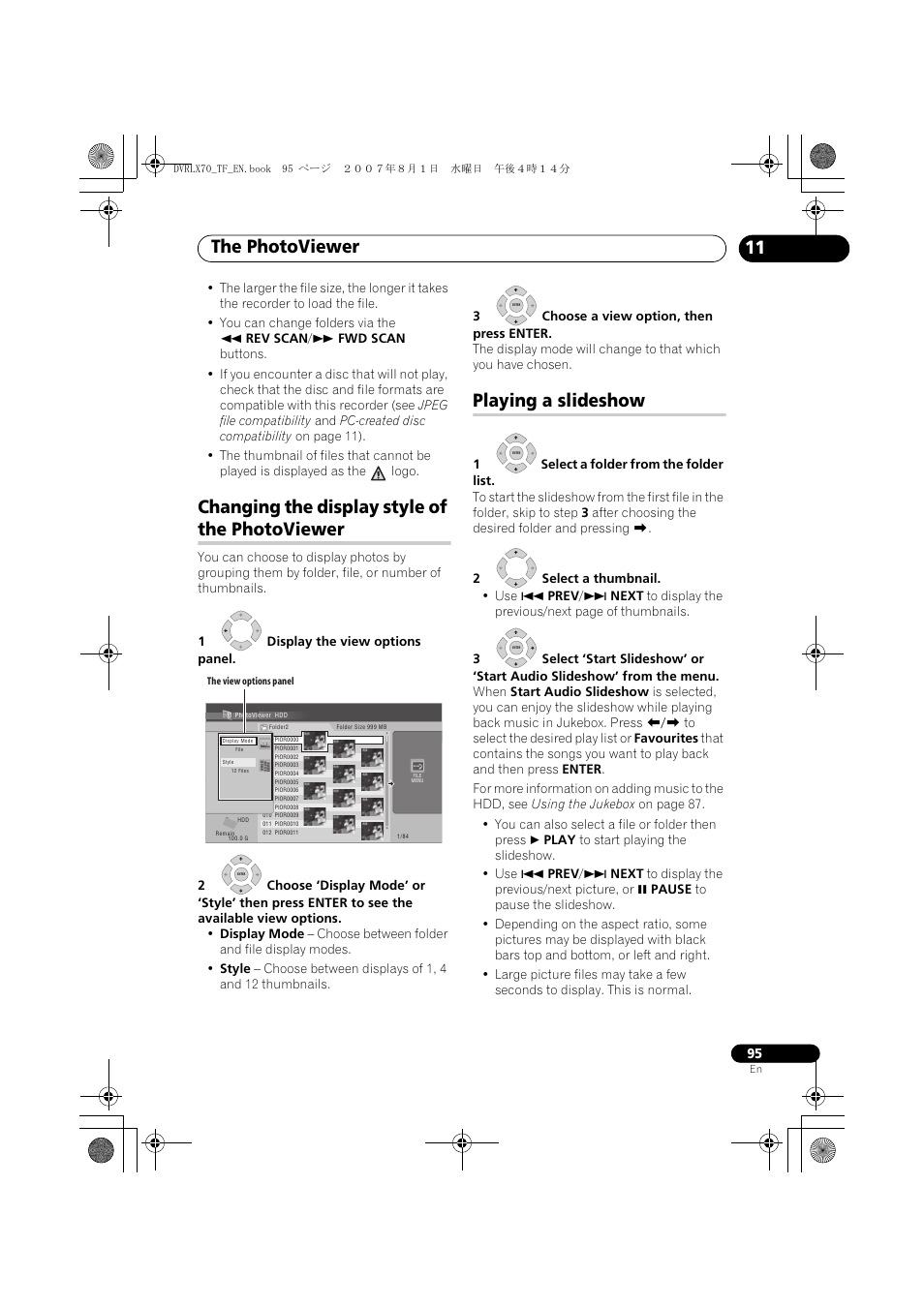 Changing the display style of the photoviewer, Playing a slideshow, The photoviewer | Pioneer DVR-LX70 User Manual | Page 95 / 139