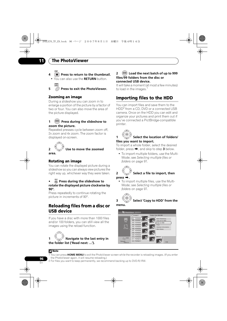 Reloading files from a disc or usb device, Importing files to the hdd, The photoviewer 11 | Zooming an image, Rotating an image | Pioneer DVR-LX70 User Manual | Page 96 / 139