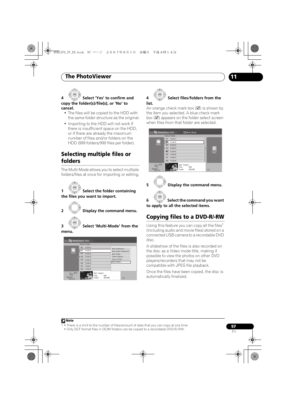 Selecting multiple files or folders, Copying files to a dvd-r/-rw, The photoviewer | Using this feature you can copy all the files | Pioneer DVR-LX70 User Manual | Page 97 / 139