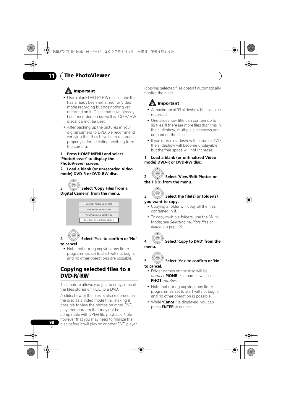 Copying selected files to a dvd-r/-rw, The photoviewer 11 | Pioneer DVR-LX70 User Manual | Page 98 / 139