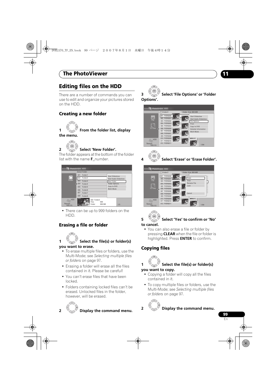 Editing files on the hdd, The photoviewer, 11 editing files on the hdd | Creating a new folder, Erasing a file or folder, Copying files | Pioneer DVR-LX70 User Manual | Page 99 / 139