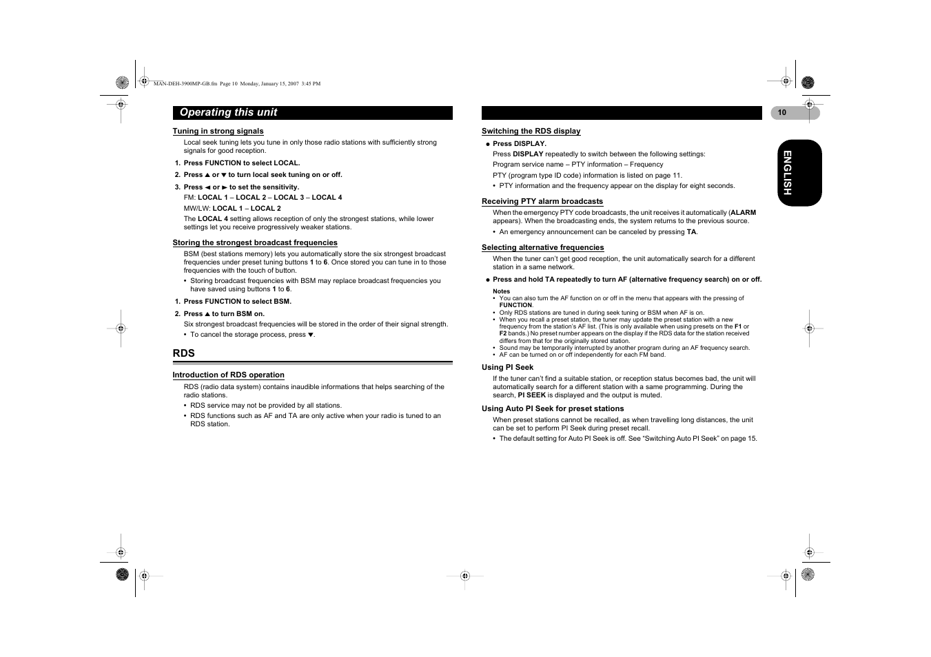 Operating this unit | Pioneer DEH-3900MP User Manual | Page 10 / 20