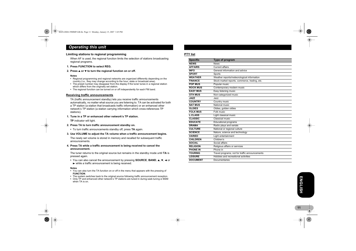 Operating this unit, En g l is h | Pioneer DEH-3900MP User Manual | Page 11 / 20