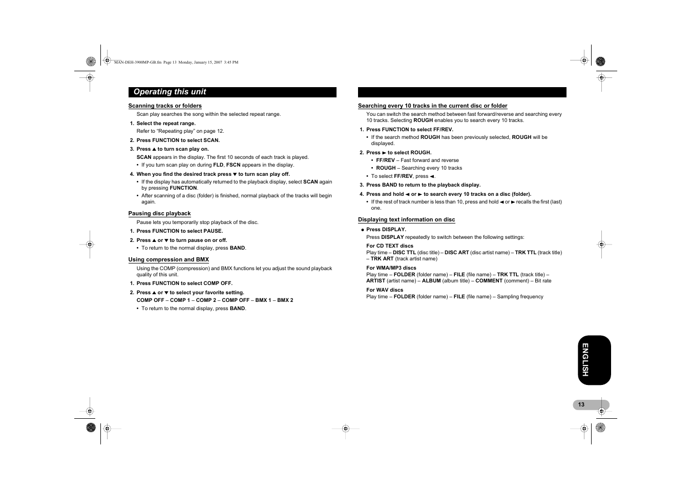 Operating this unit | Pioneer DEH-3900MP User Manual | Page 13 / 20