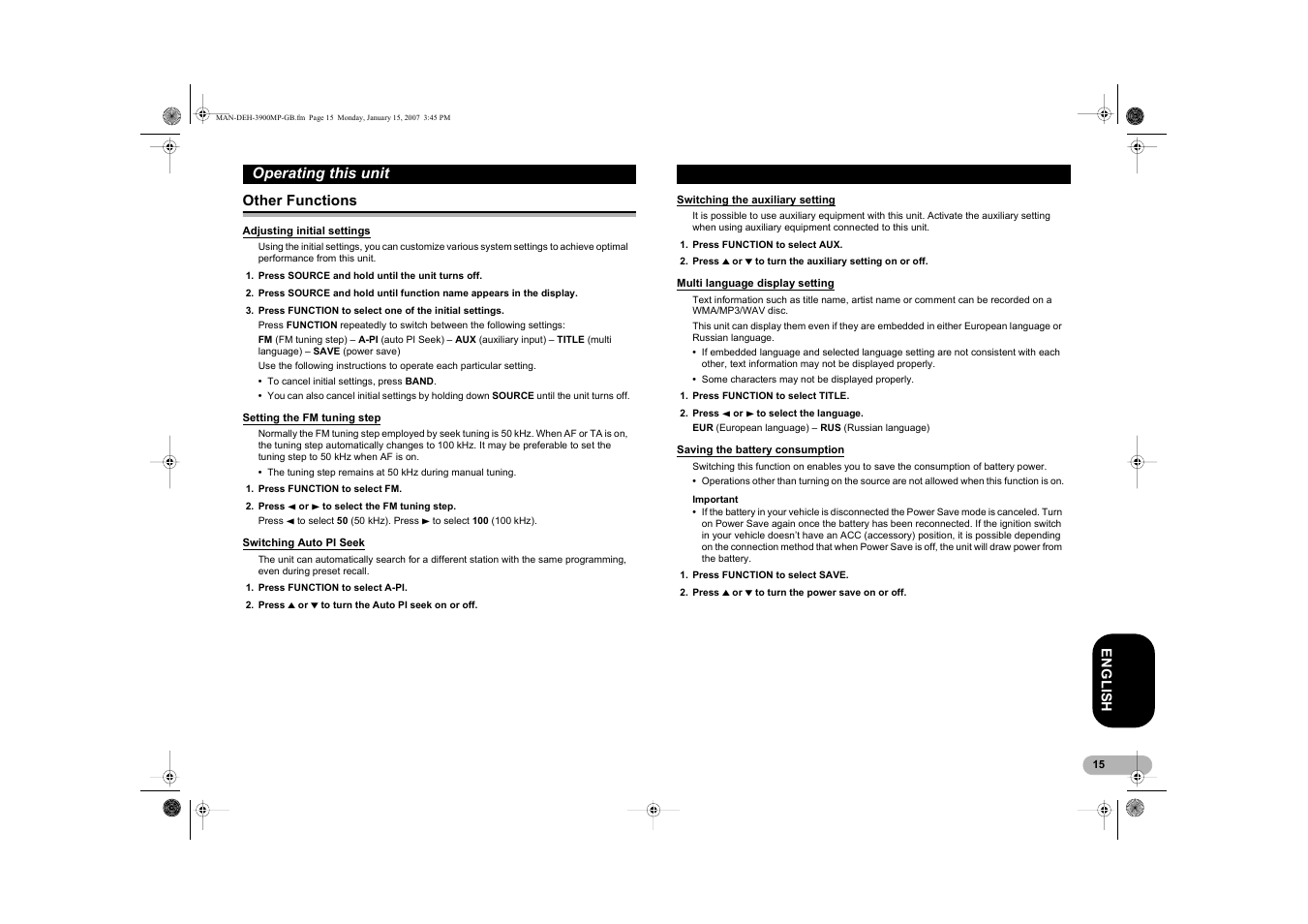 Operating this unit | Pioneer DEH-3900MP User Manual | Page 15 / 20