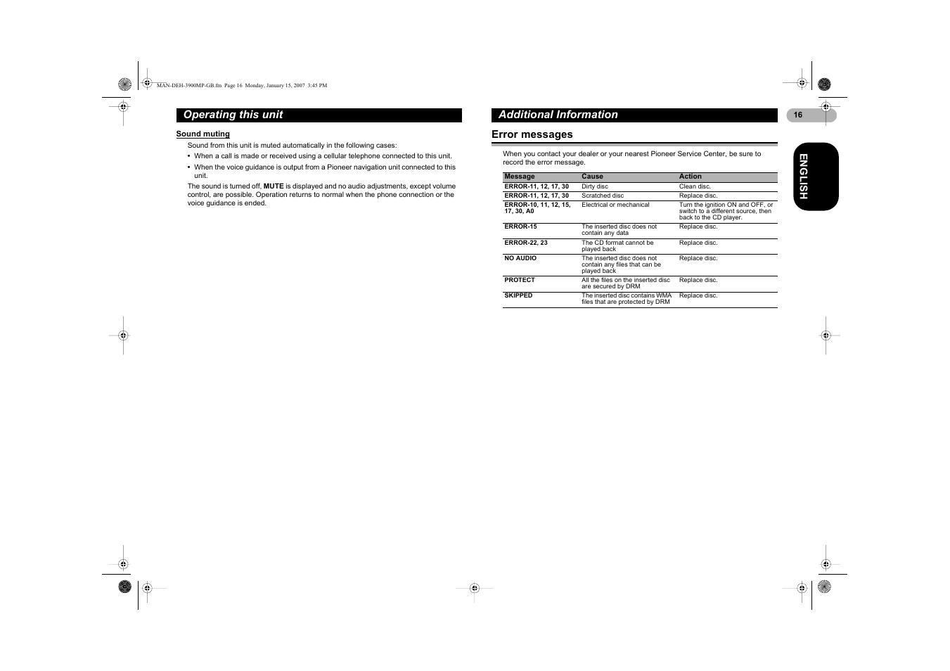 Operating this unit, Additional information | Pioneer DEH-3900MP User Manual | Page 16 / 20