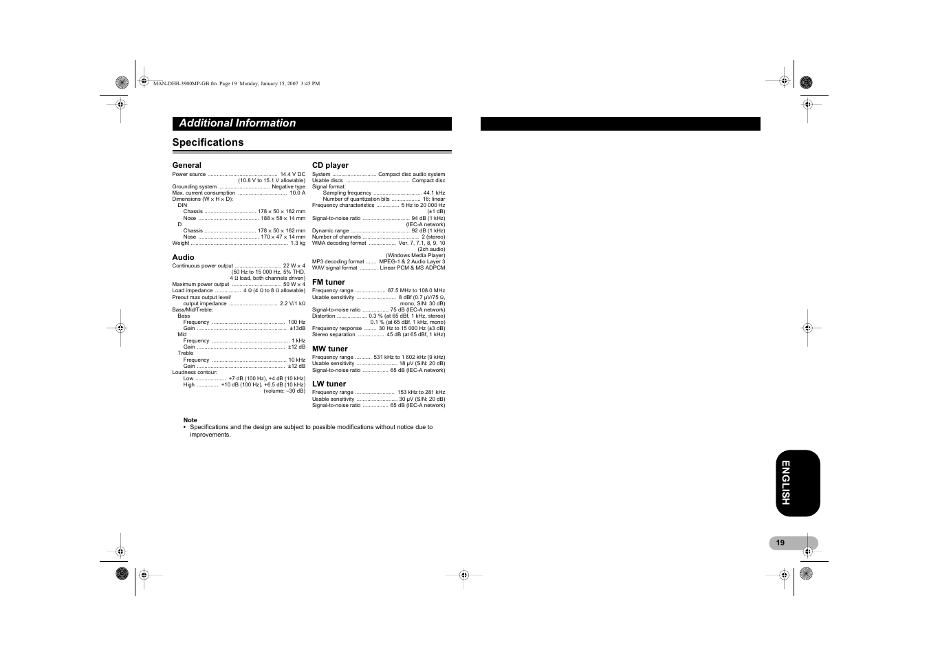 Additional information, En g l is h, Specifications | Pioneer DEH-3900MP User Manual | Page 19 / 20