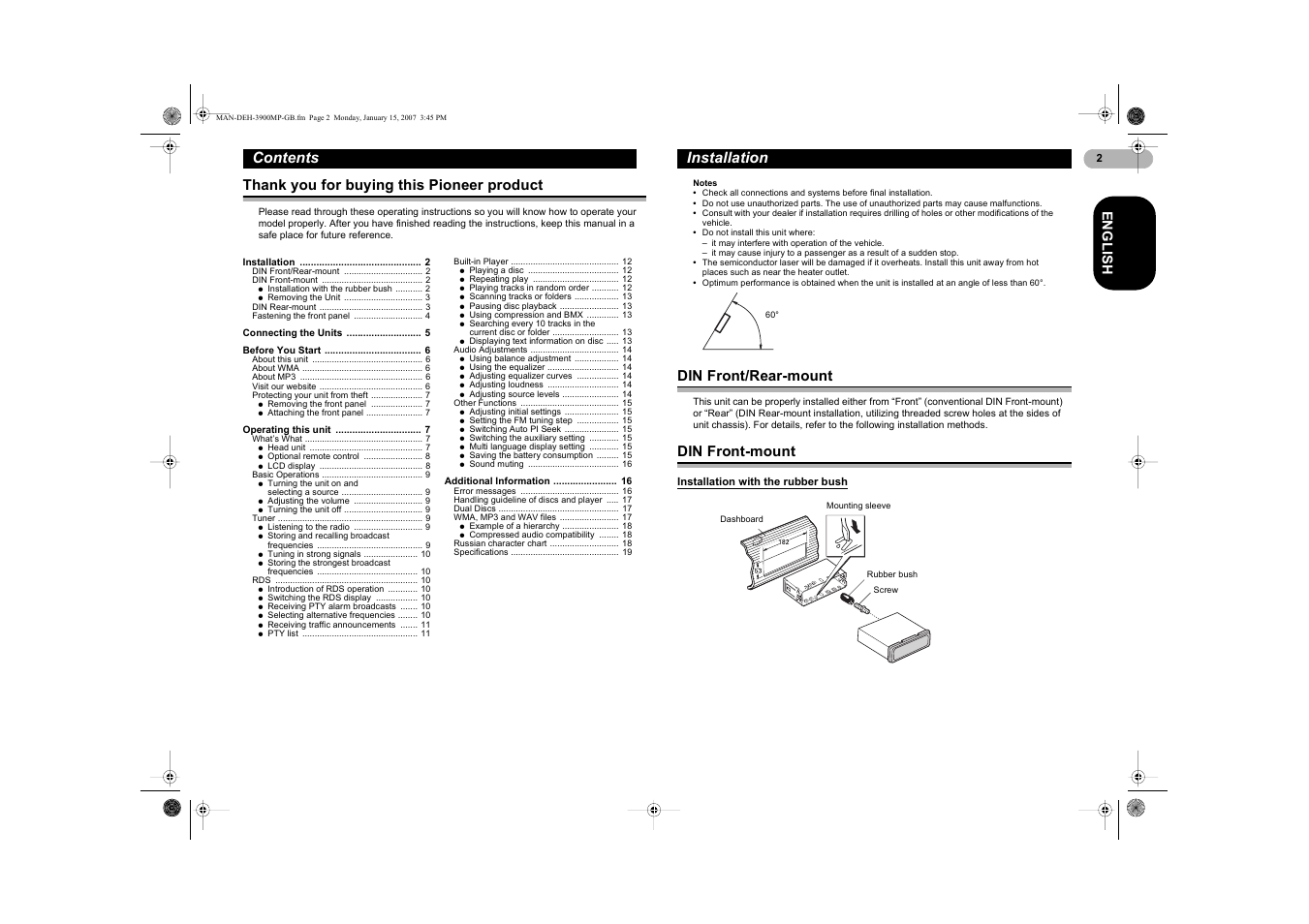Pioneer DEH-3900MP User Manual | Page 2 / 20