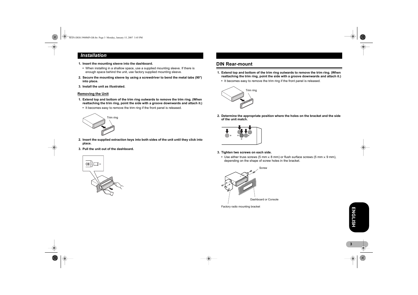 Installation | Pioneer DEH-3900MP User Manual | Page 3 / 20