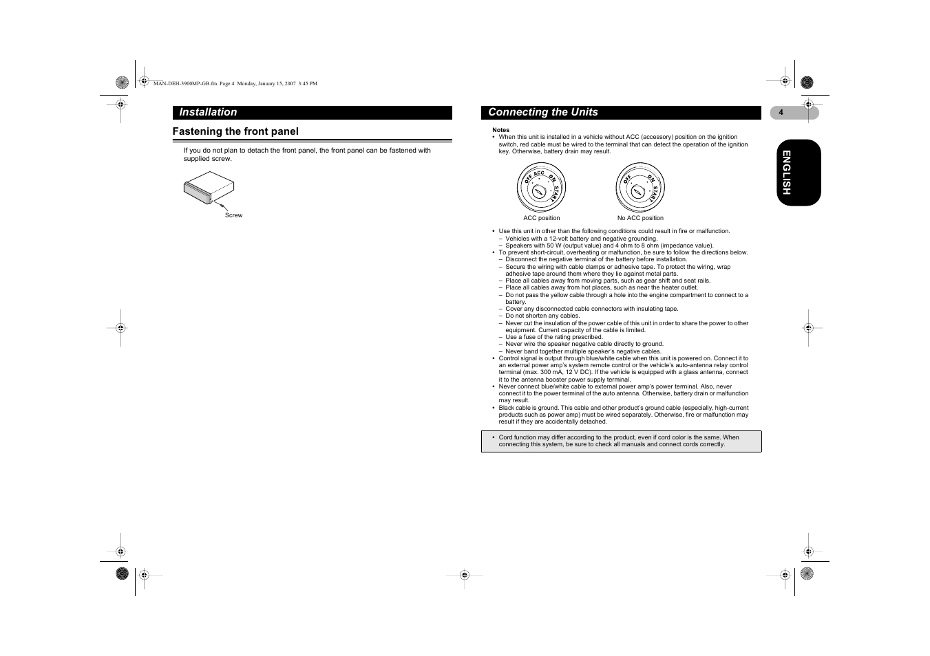 Installation, Connecting the units | Pioneer DEH-3900MP User Manual | Page 4 / 20