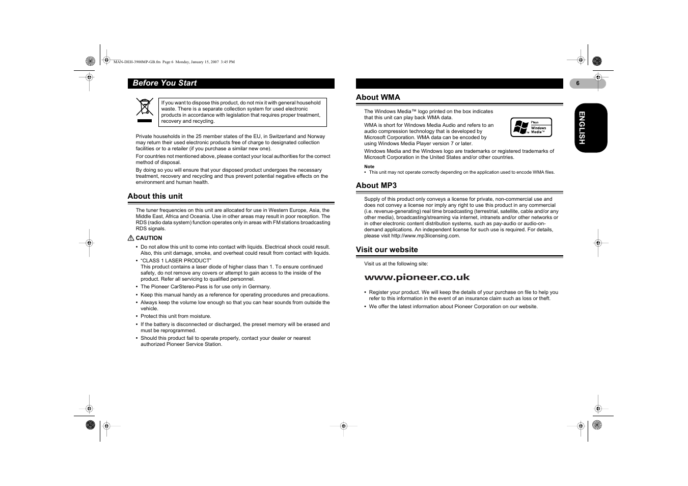 Pioneer DEH-3900MP User Manual | Page 6 / 20