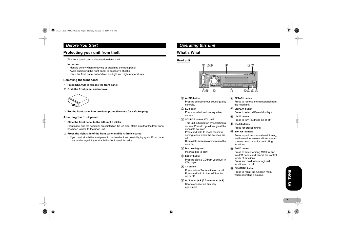 Before you start, Operating this unit | Pioneer DEH-3900MP User Manual | Page 7 / 20