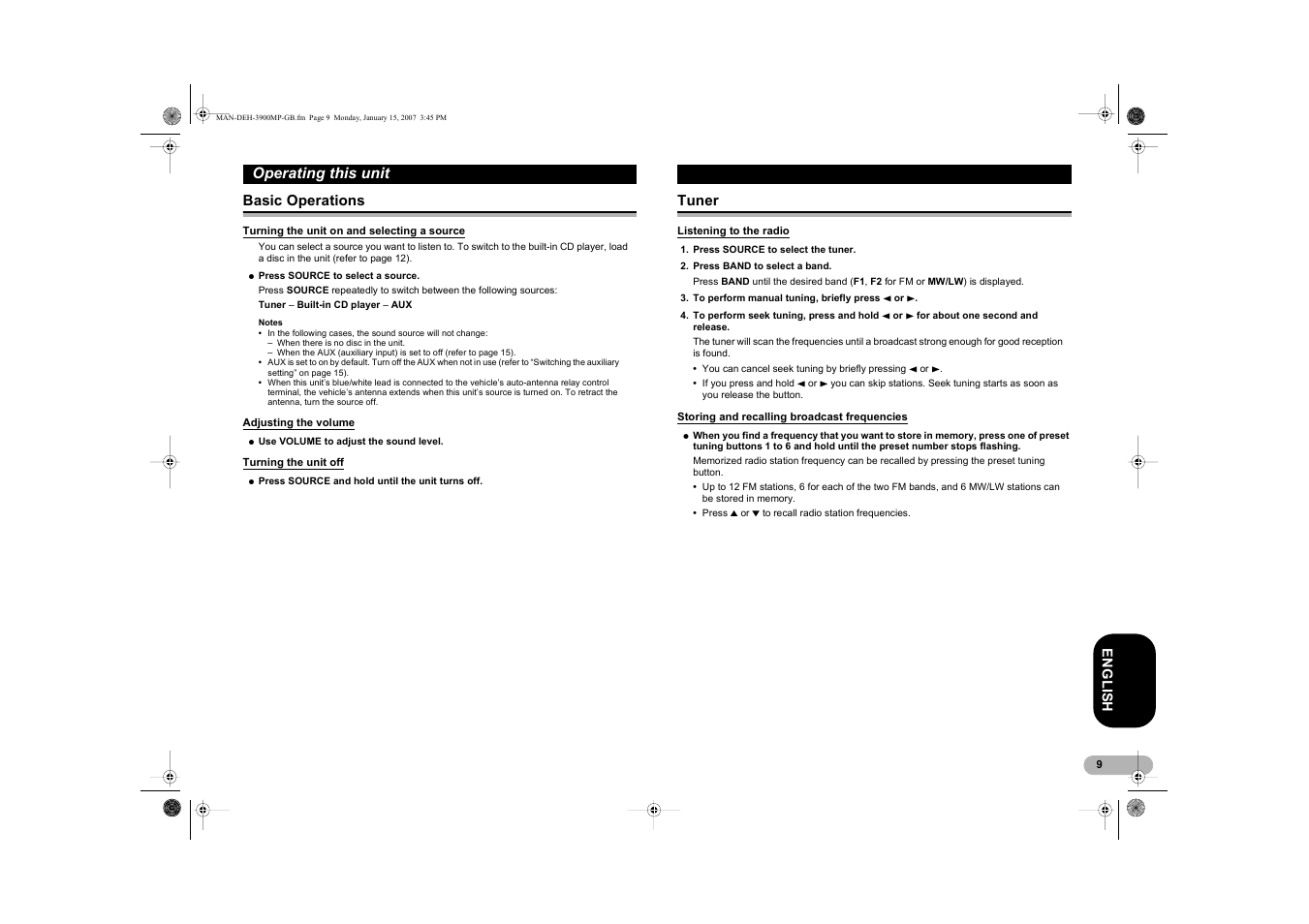 Operating this unit | Pioneer DEH-3900MP User Manual | Page 9 / 20